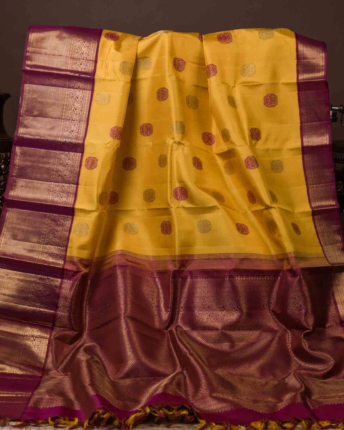 Yellow & Wine Gandaberunda Motif Pure zari Kanjivaram