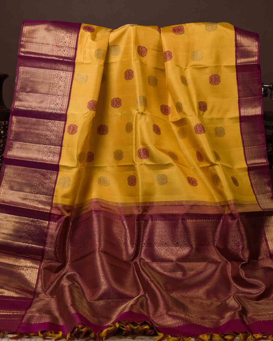 Yellow & Wine Gandaberunda Motif Pure zari Kanjivaram