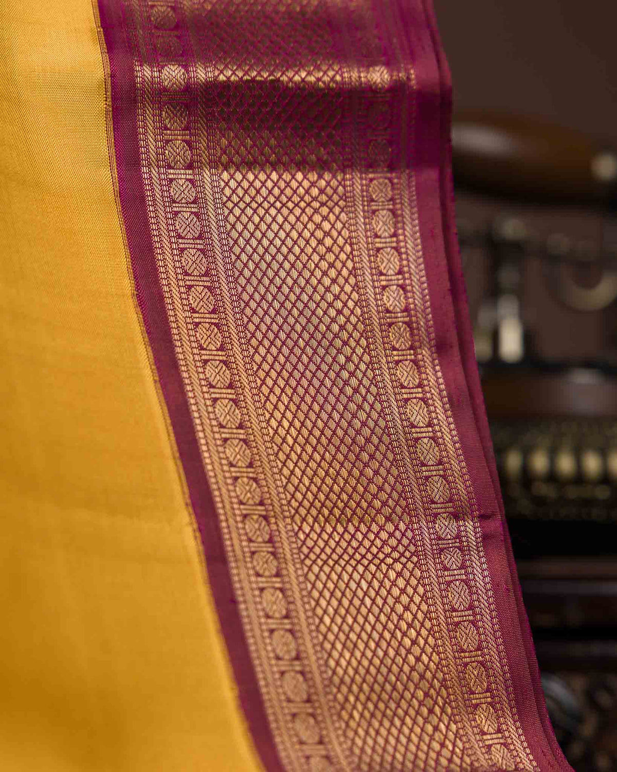 Yellow & Wine Gandaberunda Motif Pure zari Kanjivaram