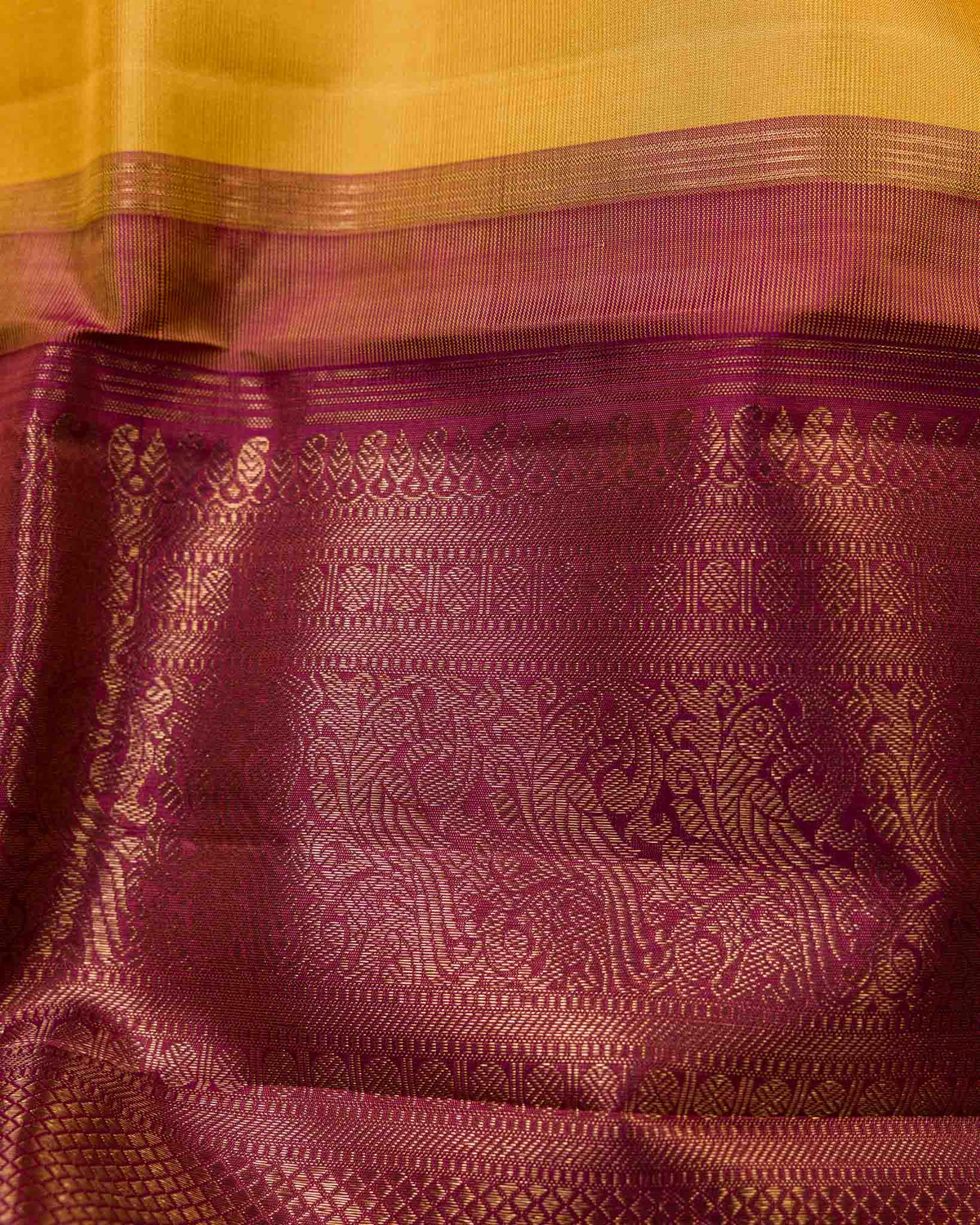 Yellow & Wine Gandaberunda Motif Pure zari Kanjivaram