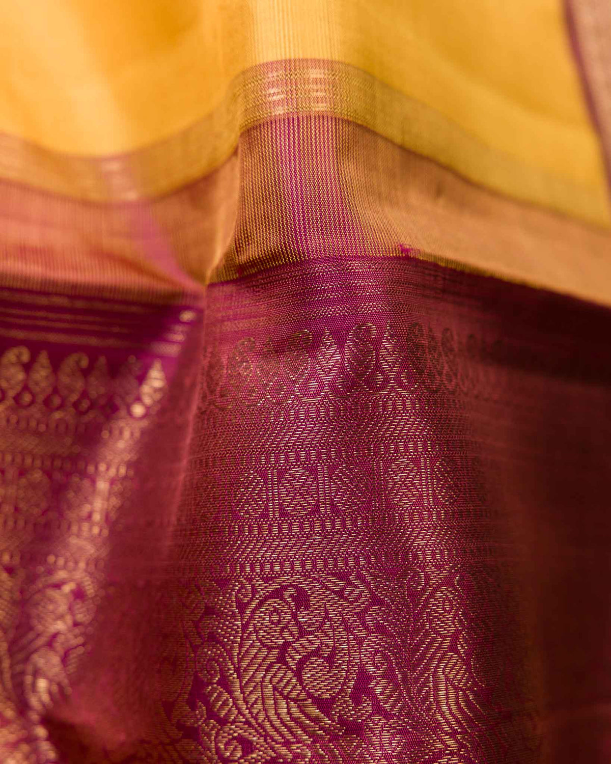 Yellow & Wine Gandaberunda Motif Pure zari Kanjivaram