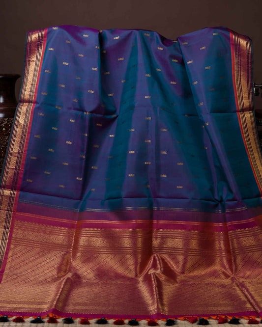 Peacock Blue Dual-Tone 1gm Zari Kanjivaram with Maggam Blouse