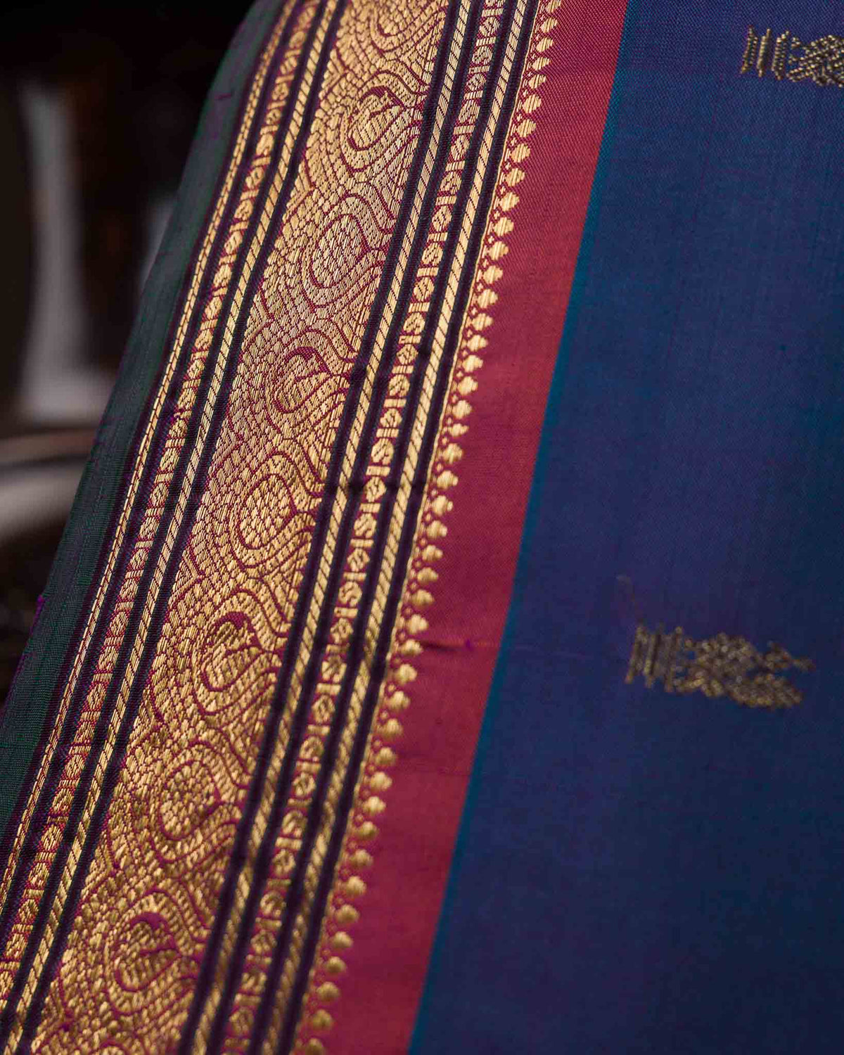 Peacock Blue Dual-Tone 1gm Zari Kanjivaram with Maggam Blouse