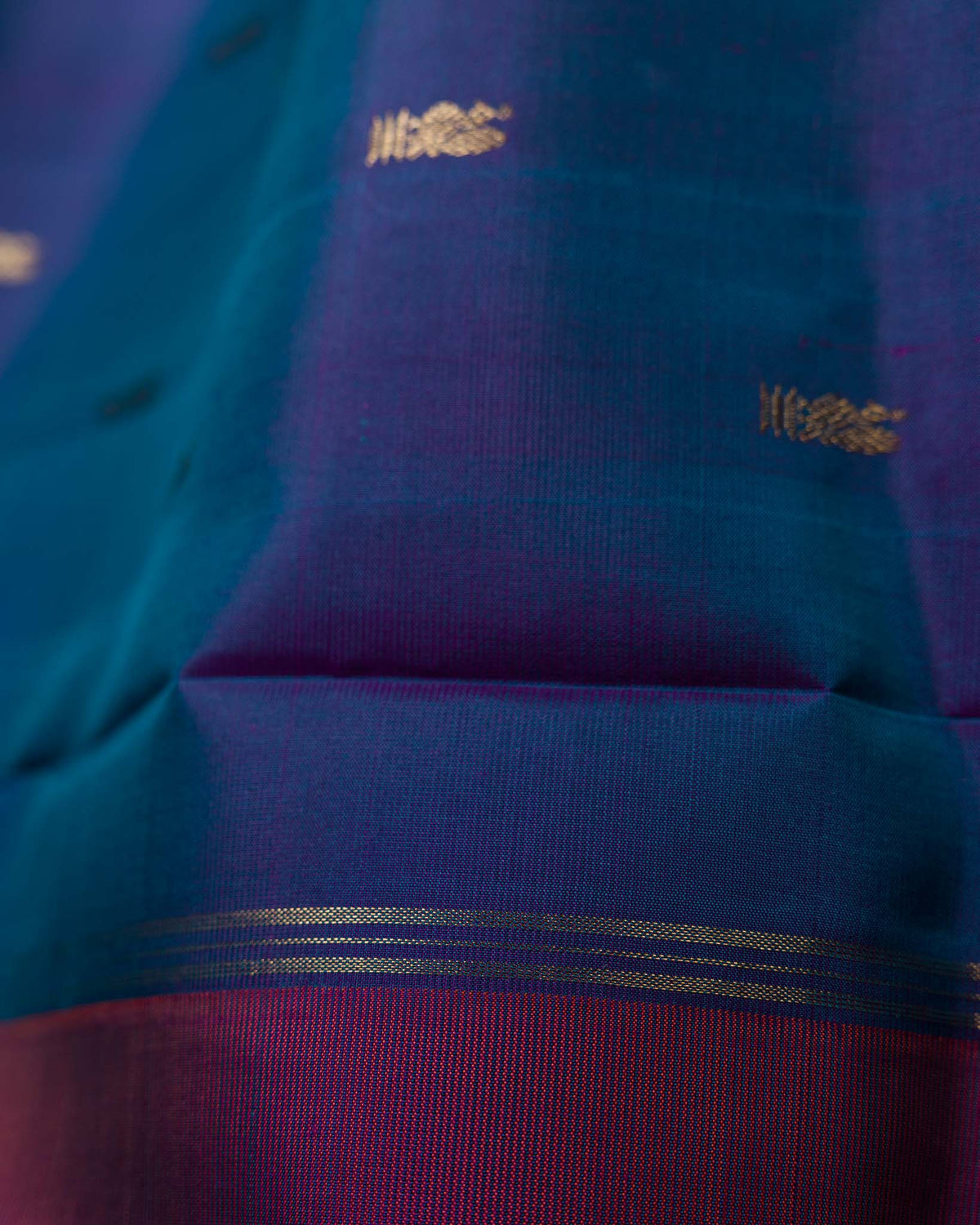 Peacock Blue Dual-Tone 1gm Zari Kanjivaram with Maggam Blouse
