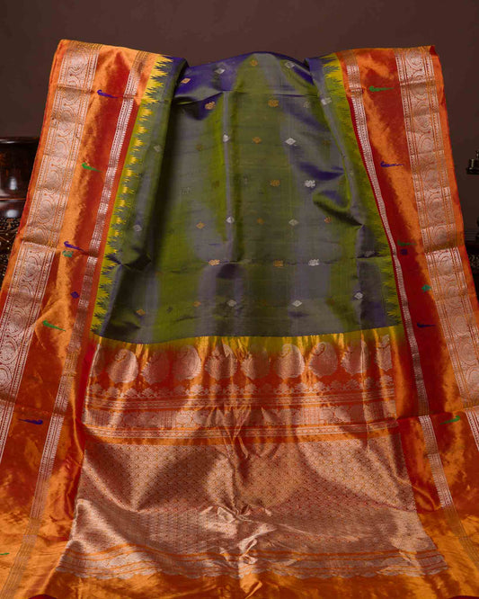 Olive Green & Rust Muniya Border Pure Tissue Gadwal