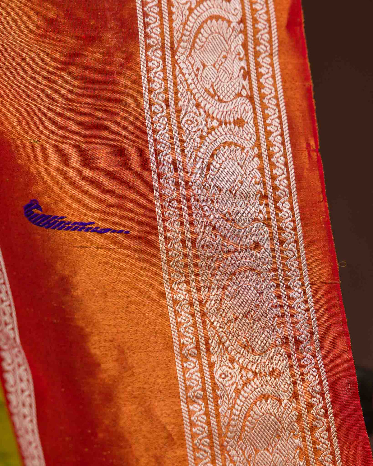 Olive Green & Rust Muniya Border Pure Tissue Gadwal
