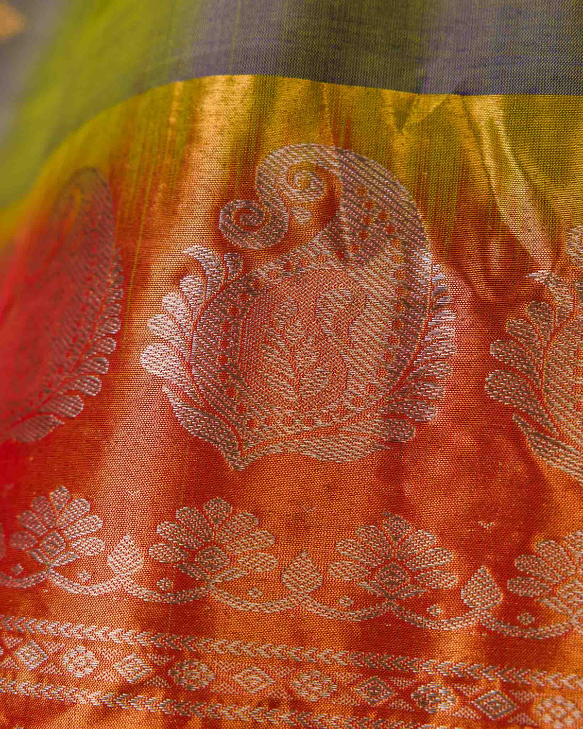 Olive Green & Rust Muniya Border Pure Tissue Gadwal