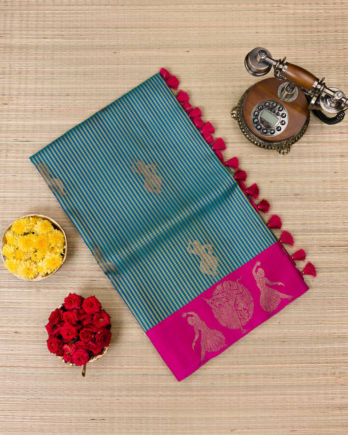 Peacock Blue & Rani Pink Dancing Motif 2gm Zari Kanjivaram