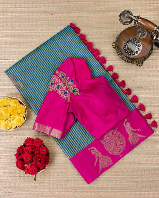 Peacock Blue & Rani Pink Dancing Motif 2gm Zari Kanjivaram