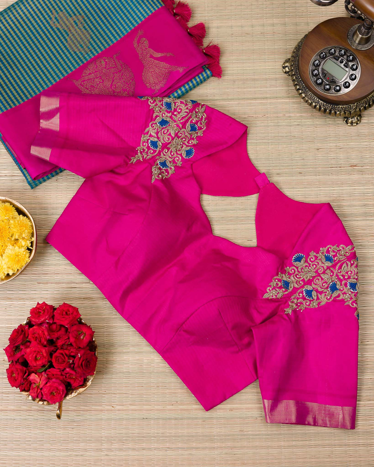 Peacock Blue & Rani Pink Dancing Motif 2gm Zari Kanjivaram
