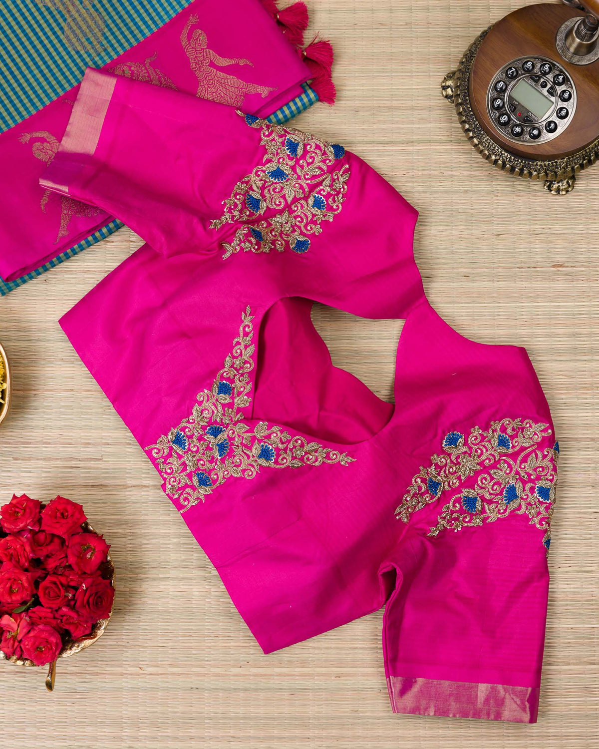 Peacock Blue & Rani Pink Dancing Motif 2gm Zari Kanjivaram