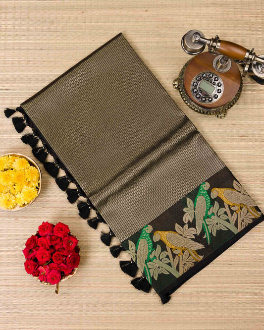 Black Contemporary Peacock Motif Kanjivaram