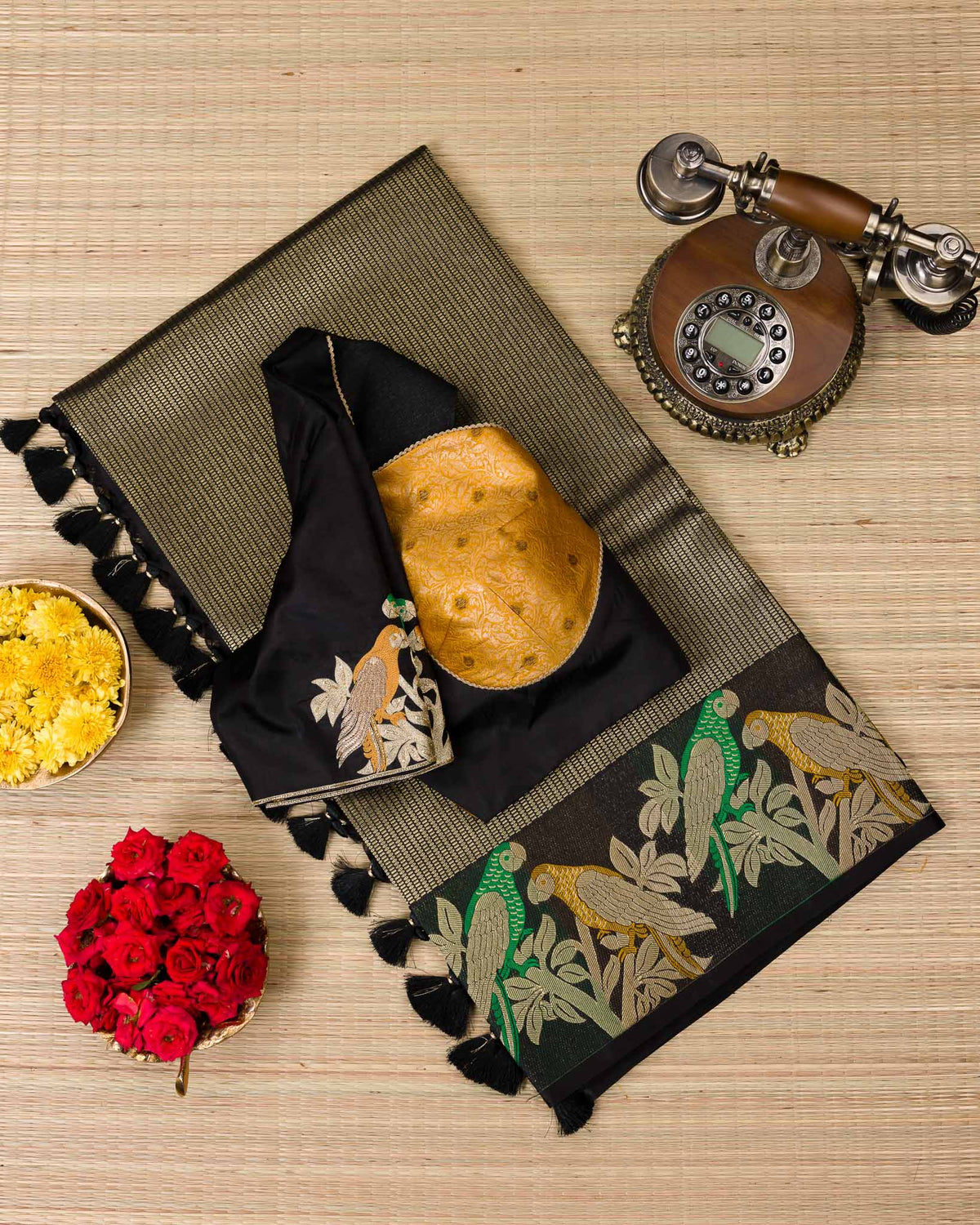 Black Contemporary Peacock Motif Kanjivaram