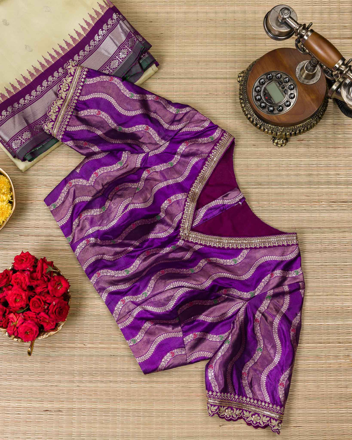 Mint Green & Purple Pure Gadwal Handloom with Banaras Blouse