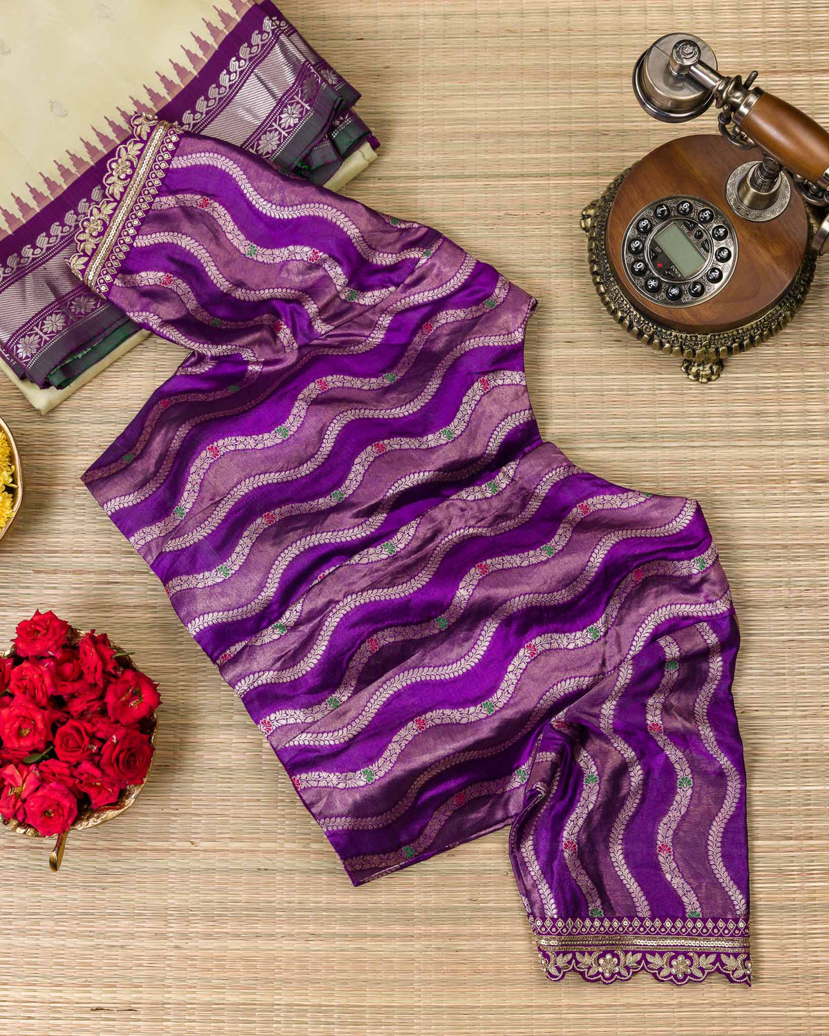 Mint Green & Purple Pure Gadwal Handloom with Banaras Blouse