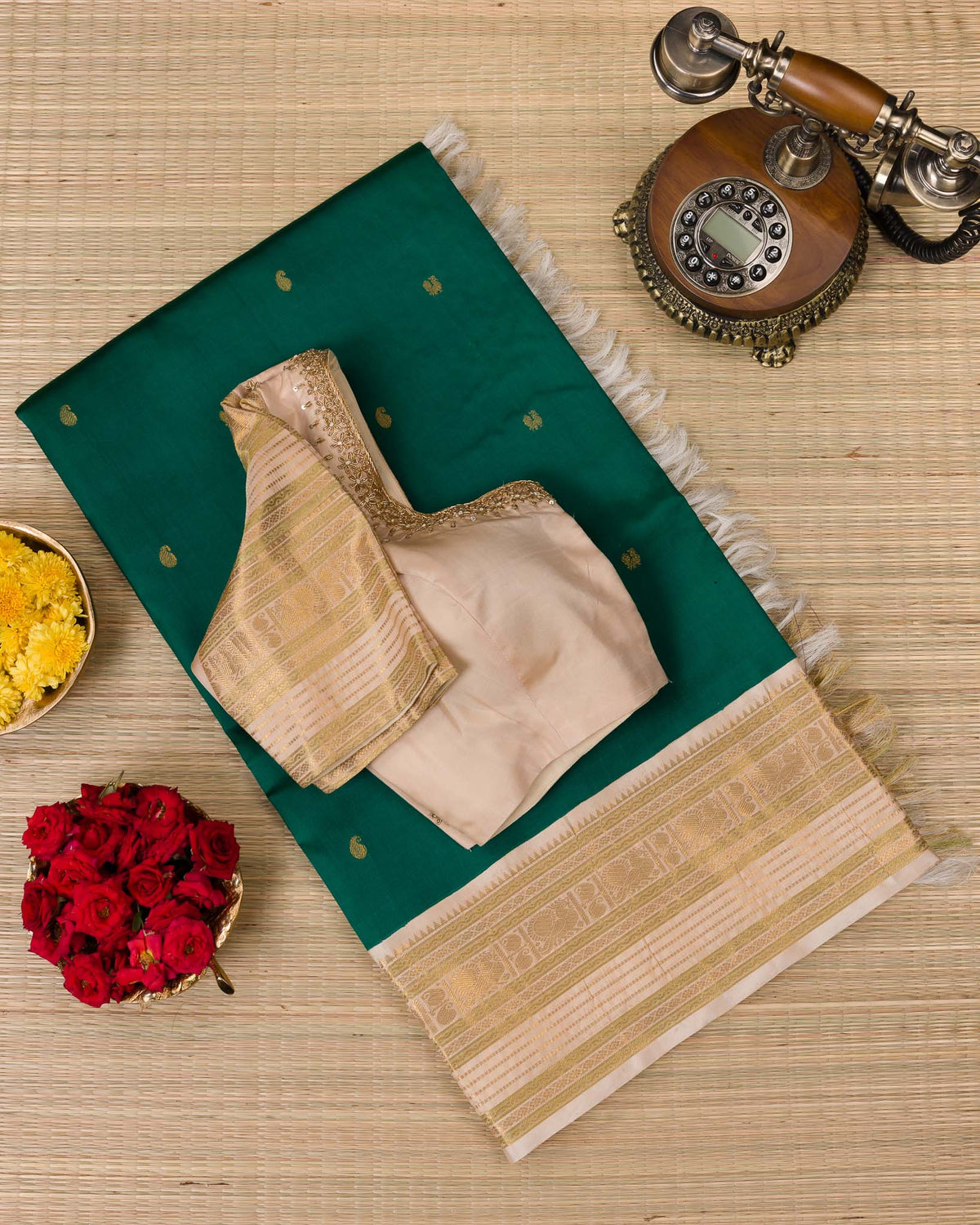 Emerald Green Koravai Kanjivaram with Pastel Border & Maggam Blouse