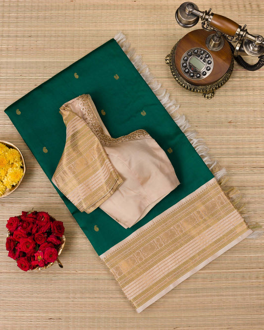 Emerald Green Koravai Kanjivaram with Pastel Border & Maggam Blouse
