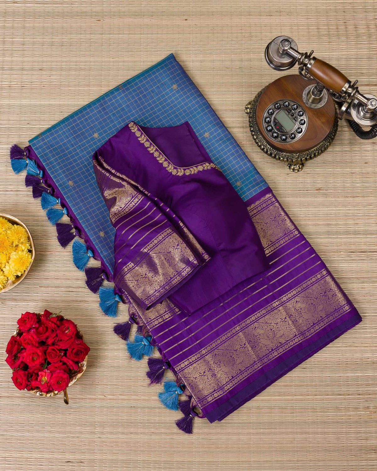 Vintage Blue & Purple Pure Kanjivaram with Maggam Blouse