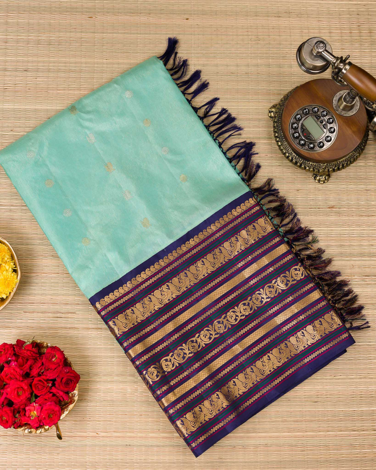 Aqua Blue & Navy Pure Tissue Gadwal with Varasapeti Border