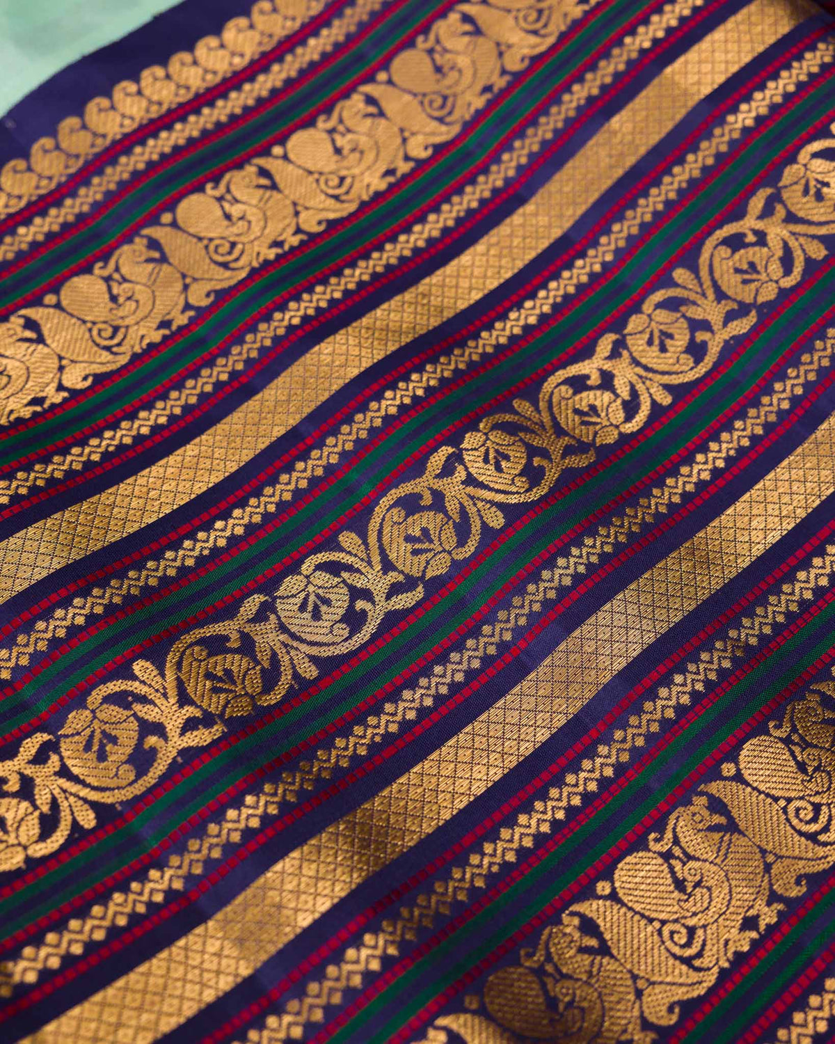 Aqua Blue & Navy Pure Tissue Gadwal with Varasapeti Border