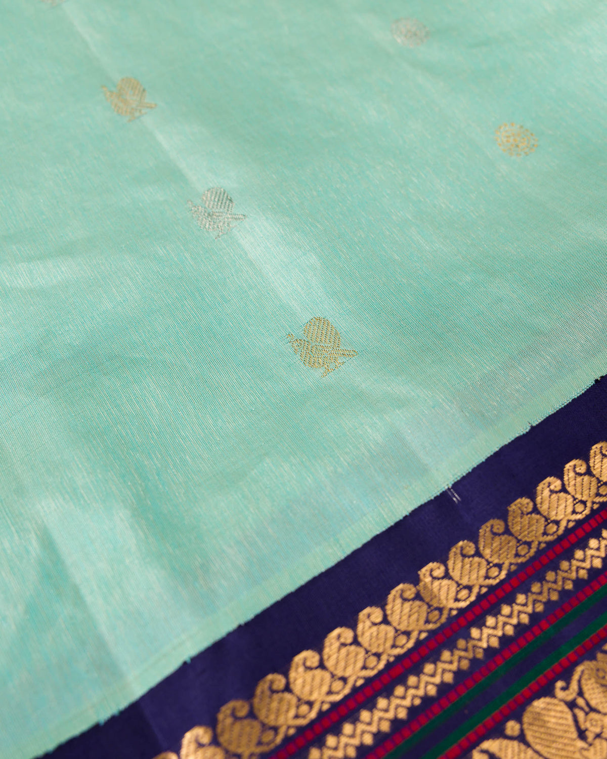 Aqua Blue & Navy Pure Tissue Gadwal with Varasapeti Border