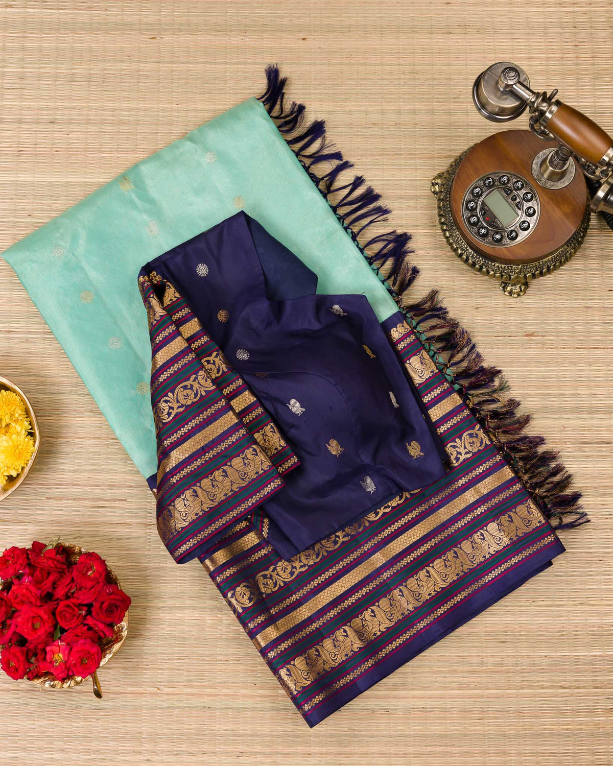 Aqua Blue & Navy Pure Tissue Gadwal with Varasapeti Border