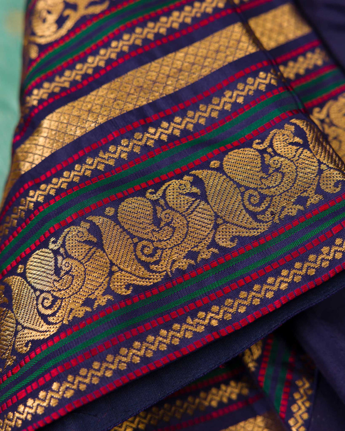 Aqua Blue & Navy Pure Tissue Gadwal with Varasapeti Border