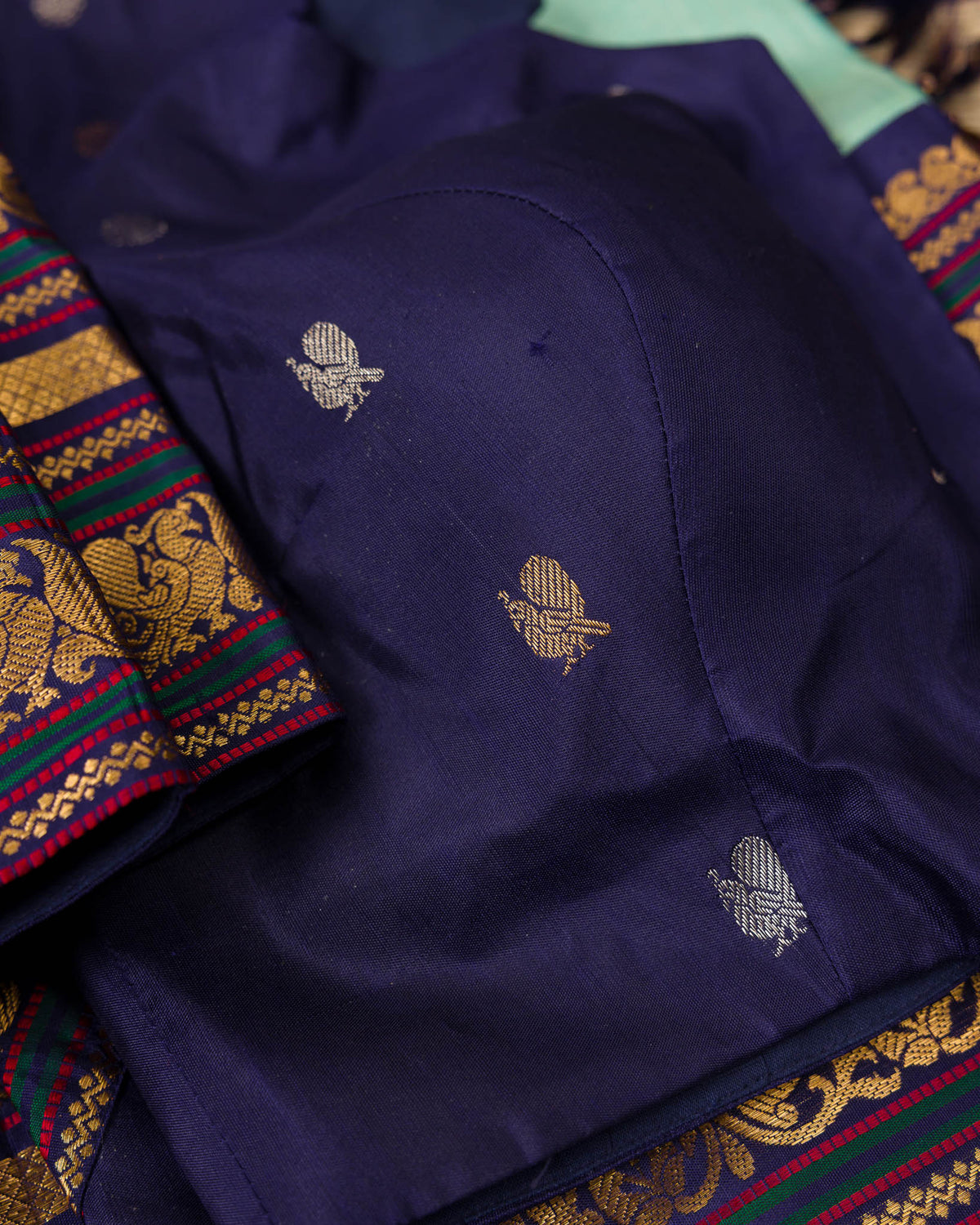Aqua Blue & Navy Pure Tissue Gadwal with Varasapeti Border