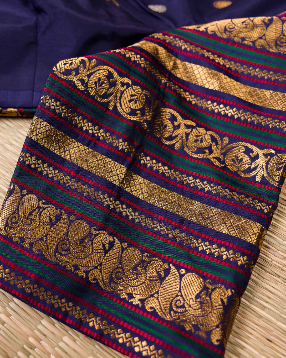 Aqua Blue & Navy Pure Tissue Gadwal with Varasapeti Border