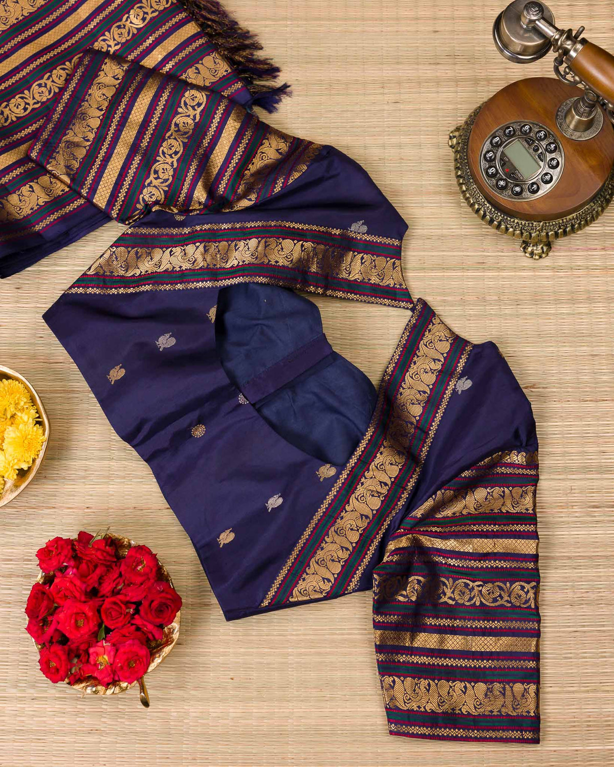 Aqua Blue & Navy Pure Tissue Gadwal with Varasapeti Border