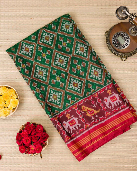 Green & Red Single Weave Patola Saree