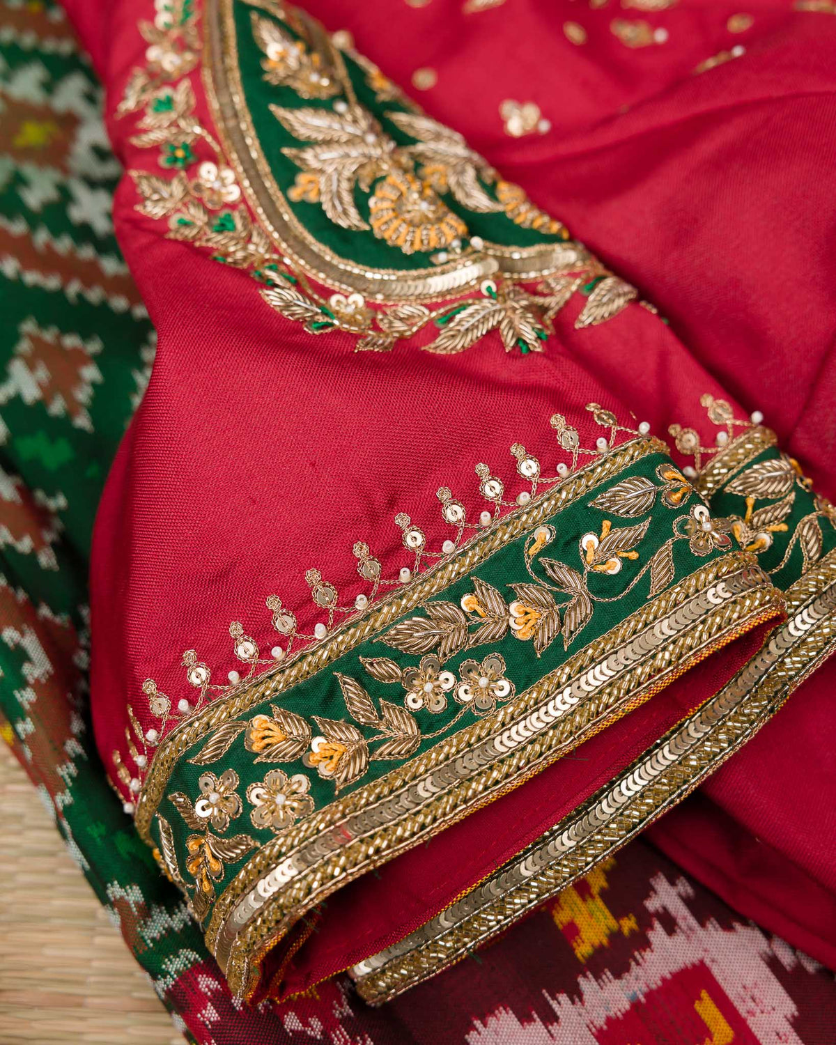 Green & Red Single Weave Patola Saree