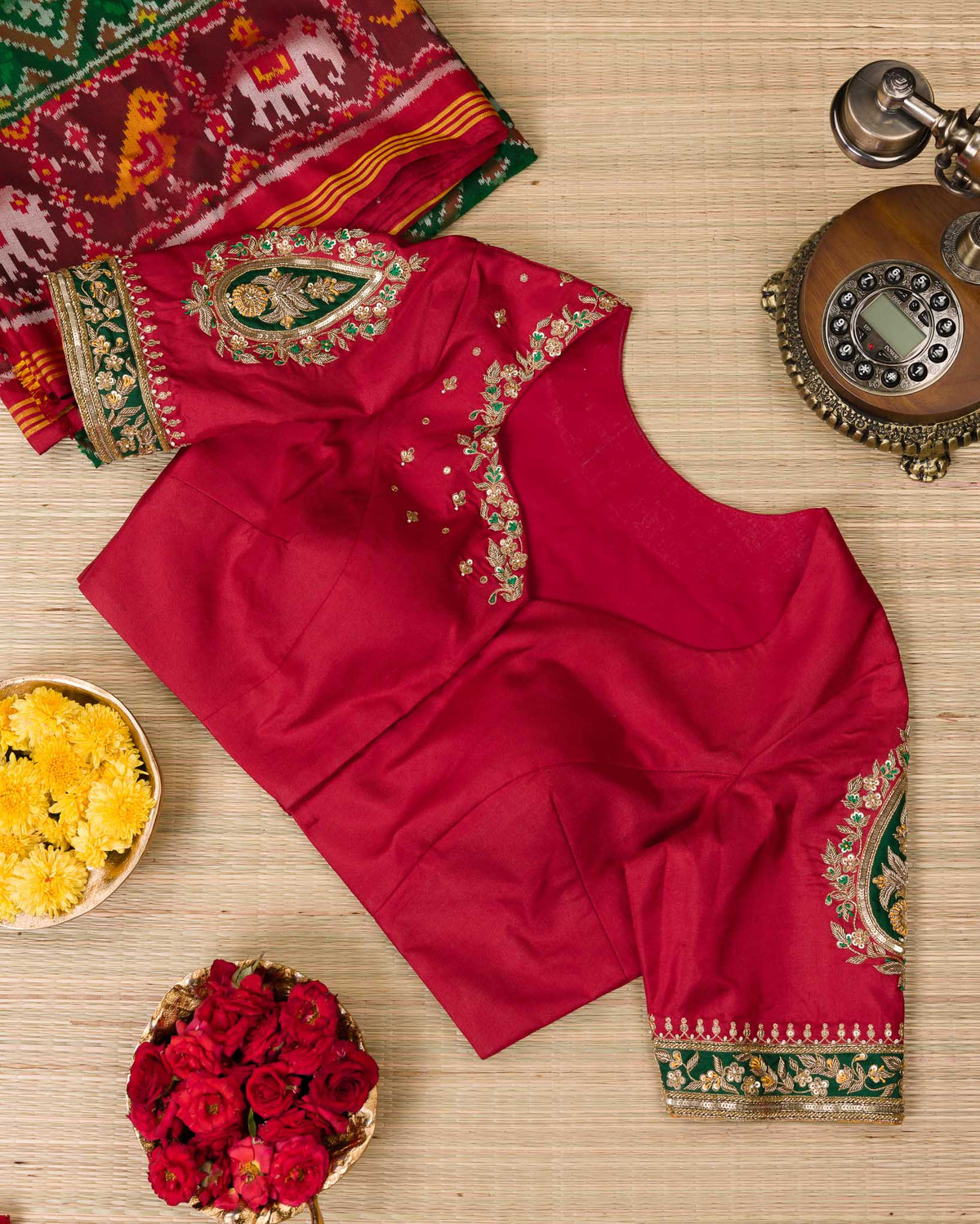 Green & Red Single Weave Patola Saree