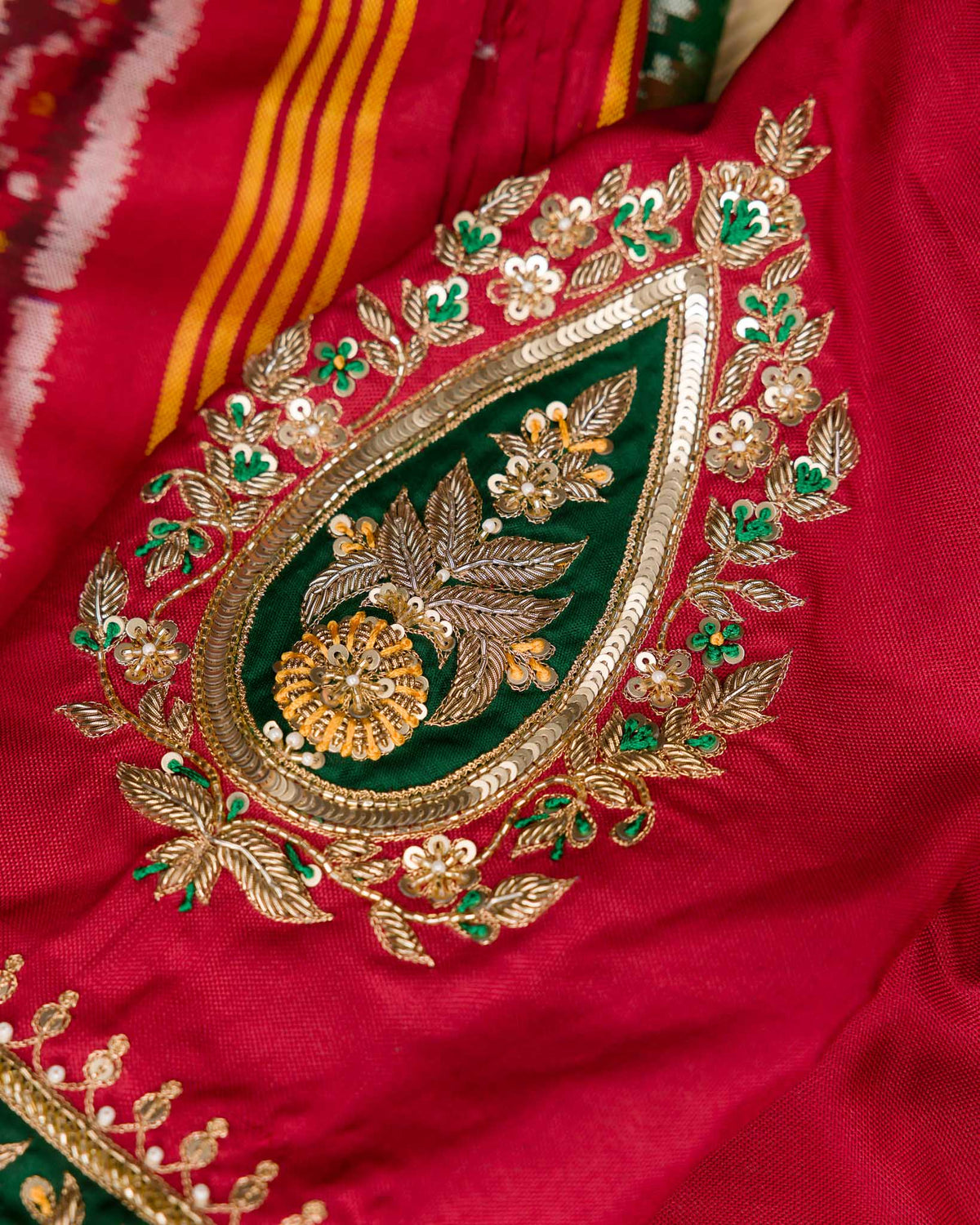 Green & Red Single Weave Patola Saree