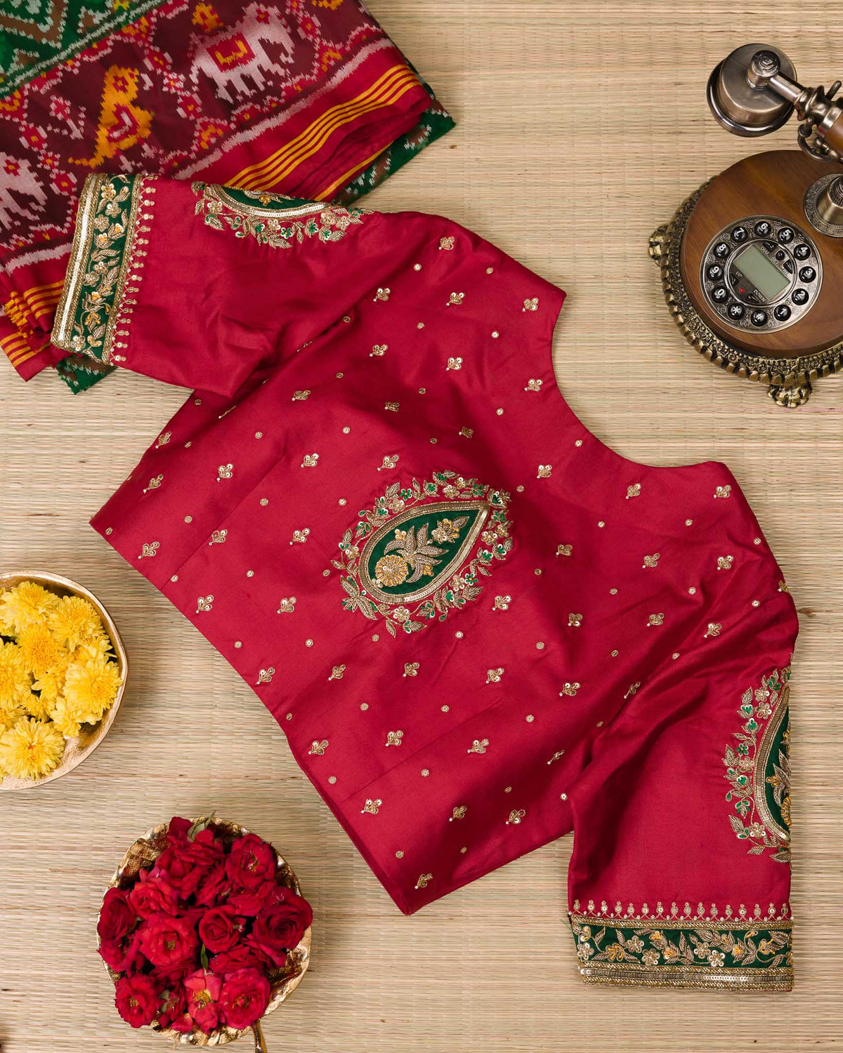 Green & Red Single Weave Patola Saree