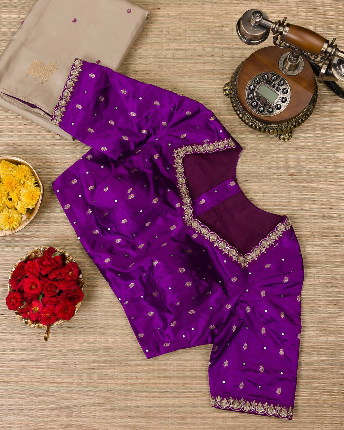 Soft Ivory & Purple 2gm Zari Kanjivaram with Maggam Blouse