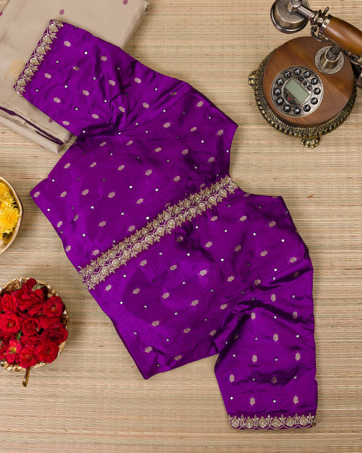 Soft Ivory & Purple 2gm Zari Kanjivaram with Maggam Blouse