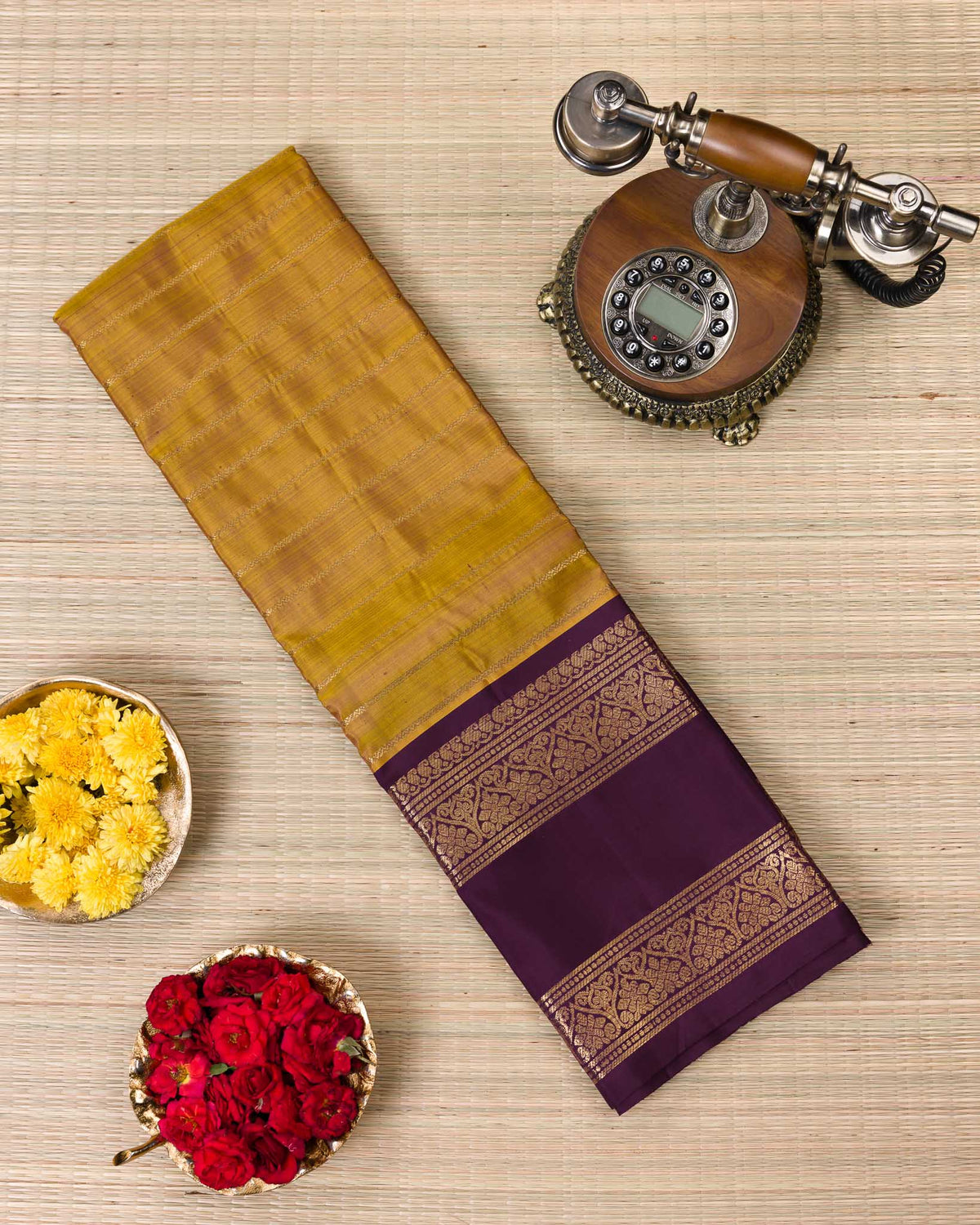 Real Zari Kanjivaram – Vintage Mustard & Deep Purple