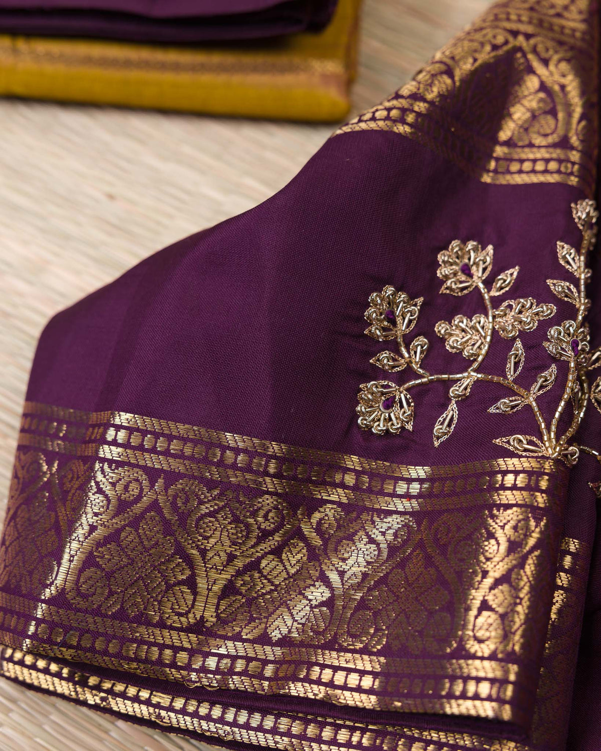 Real Zari Kanjivaram – Vintage Mustard & Deep Purple