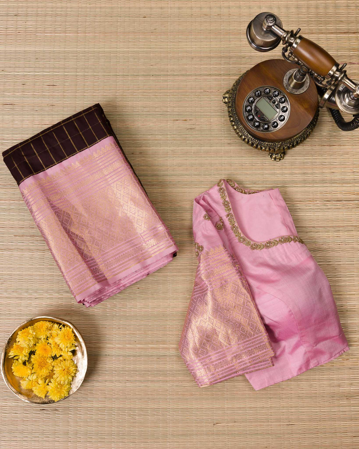 Brown & Blush Pink Pure Kanjivaram with Maggam Work Blouse