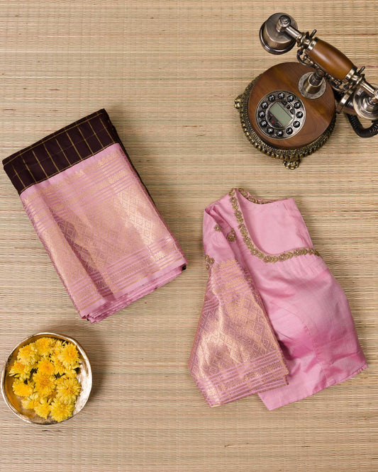 Brown & Blush Pink Pure Kanjivaram with Maggam Work Blouse