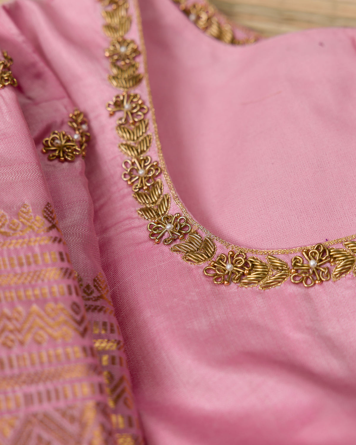 Brown & Blush Pink Pure Kanjivaram with Maggam Work Blouse