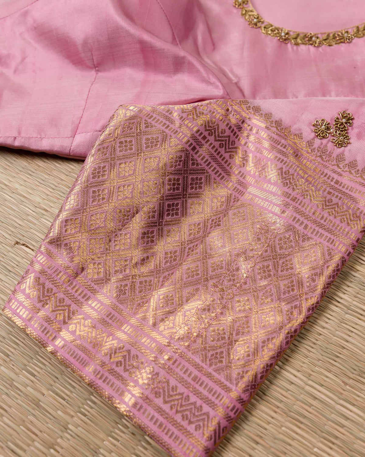 Brown & Blush Pink Pure Kanjivaram with Maggam Work Blouse
