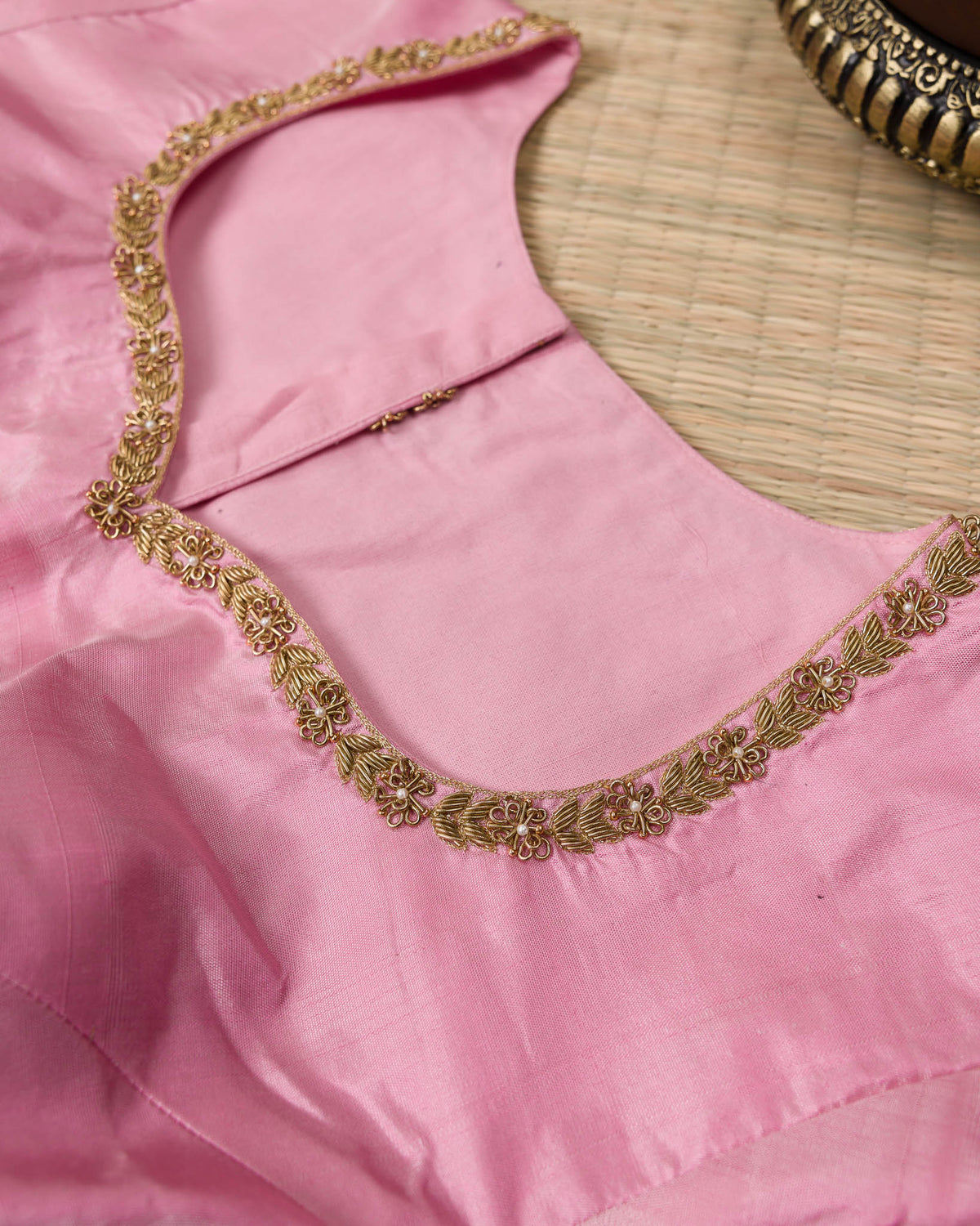 Brown & Blush Pink Pure Kanjivaram with Maggam Work Blouse